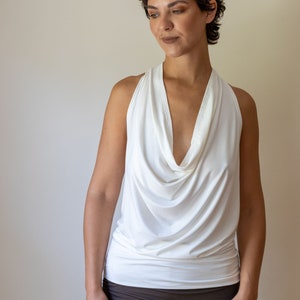 Cowl Front Backless Halter Top in Cream | White Boho Drape Blouse