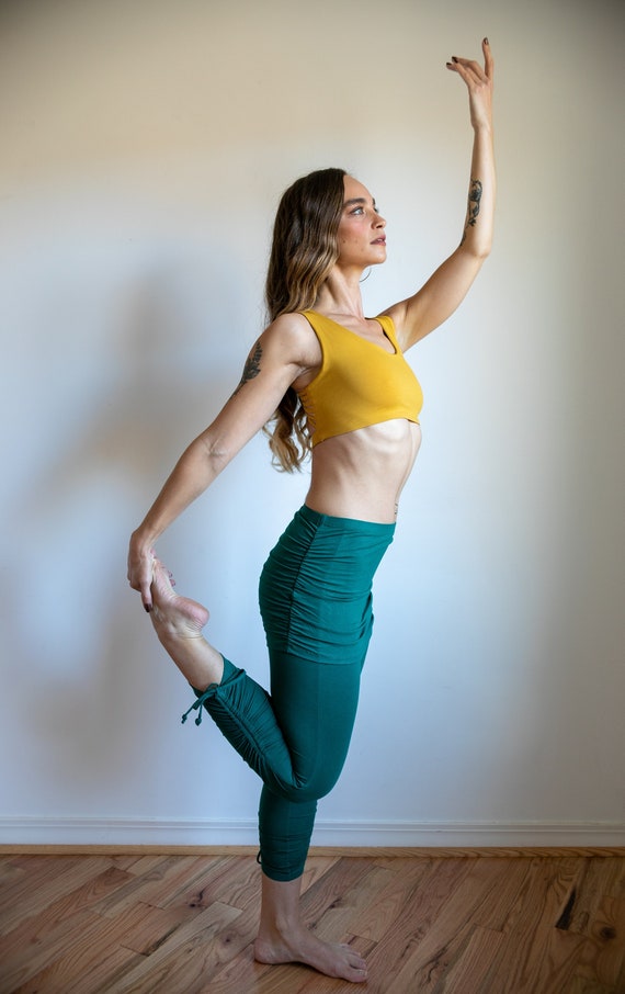 Ruched, Cinched , Lace up Yoga Leggings With Mini Skirt in Jasper Green -   Canada