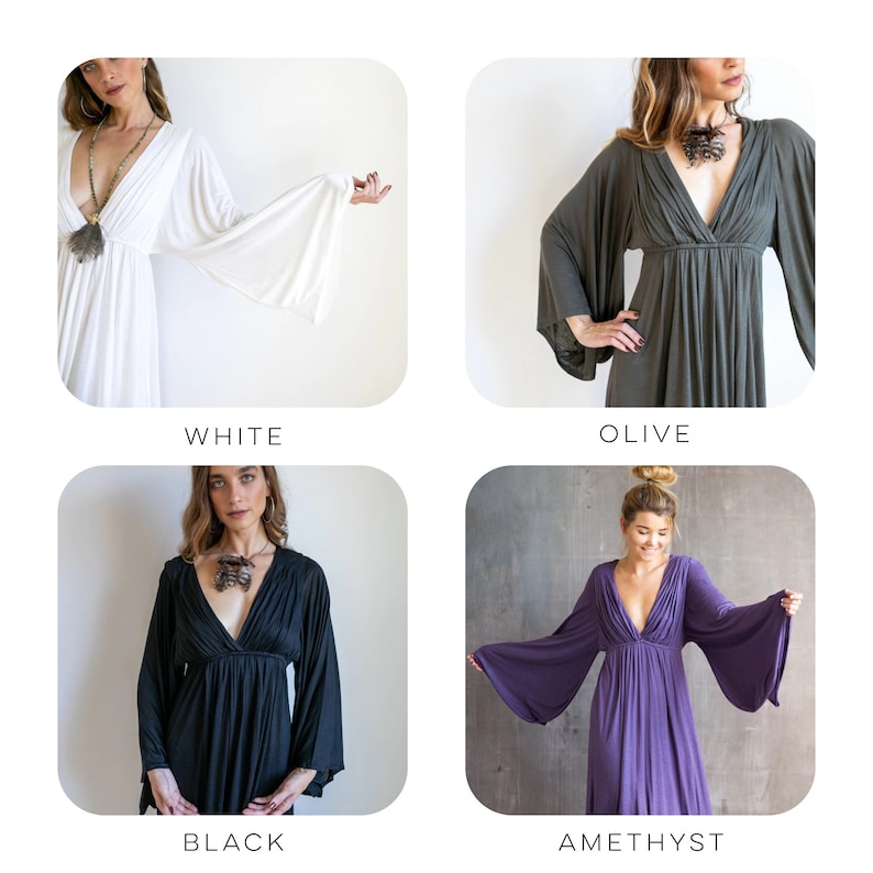 May include: A collection of four long-sleeved dresses featuring deep V-necklines and wide bell sleeves. The dresses are shown in white, olive, black, and amethyst colors, each with gathered fabric at the waist and a flowing, floor-length skirt design.