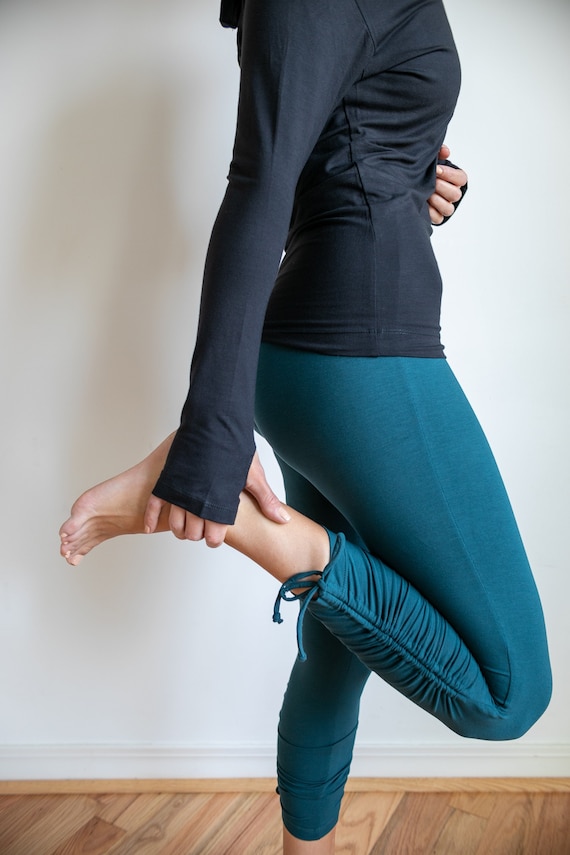 Ruched, Cinched Leggings With Side Ties in Dark Teal 