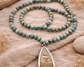 African Turquoise Buddha Pendant Mala: Handmade Prayer Bead Necklace