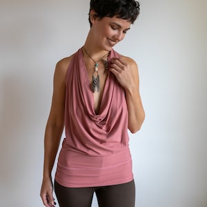 Cowl Front Backless Halter Top | Boho Pink Drape Blouse in Canyon Rose