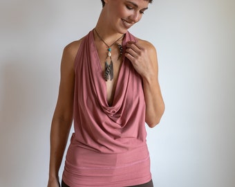 Cowl Front Backless Halter Top | Boho Pink Drape Blouse in Canyon Rose