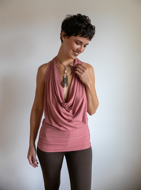 Cowl Front Backless Halter Top Boho Pink Drape Blouse in Canyon Rose -   Canada