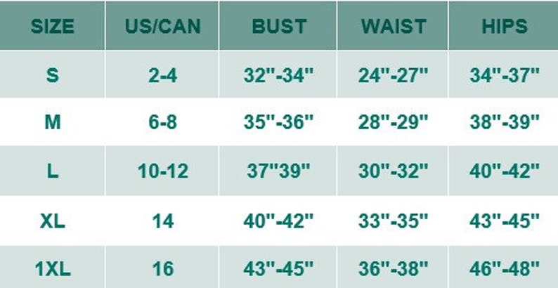 May include: Size chart for clothing with measurements in inches. The chart shows sizes from S to 1XL, with corresponding US/CAN sizes, bust, waist, and hip measurements.