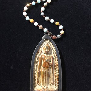 African Turquoise Antique Carved Stone Buddha Mala Beads Necklace