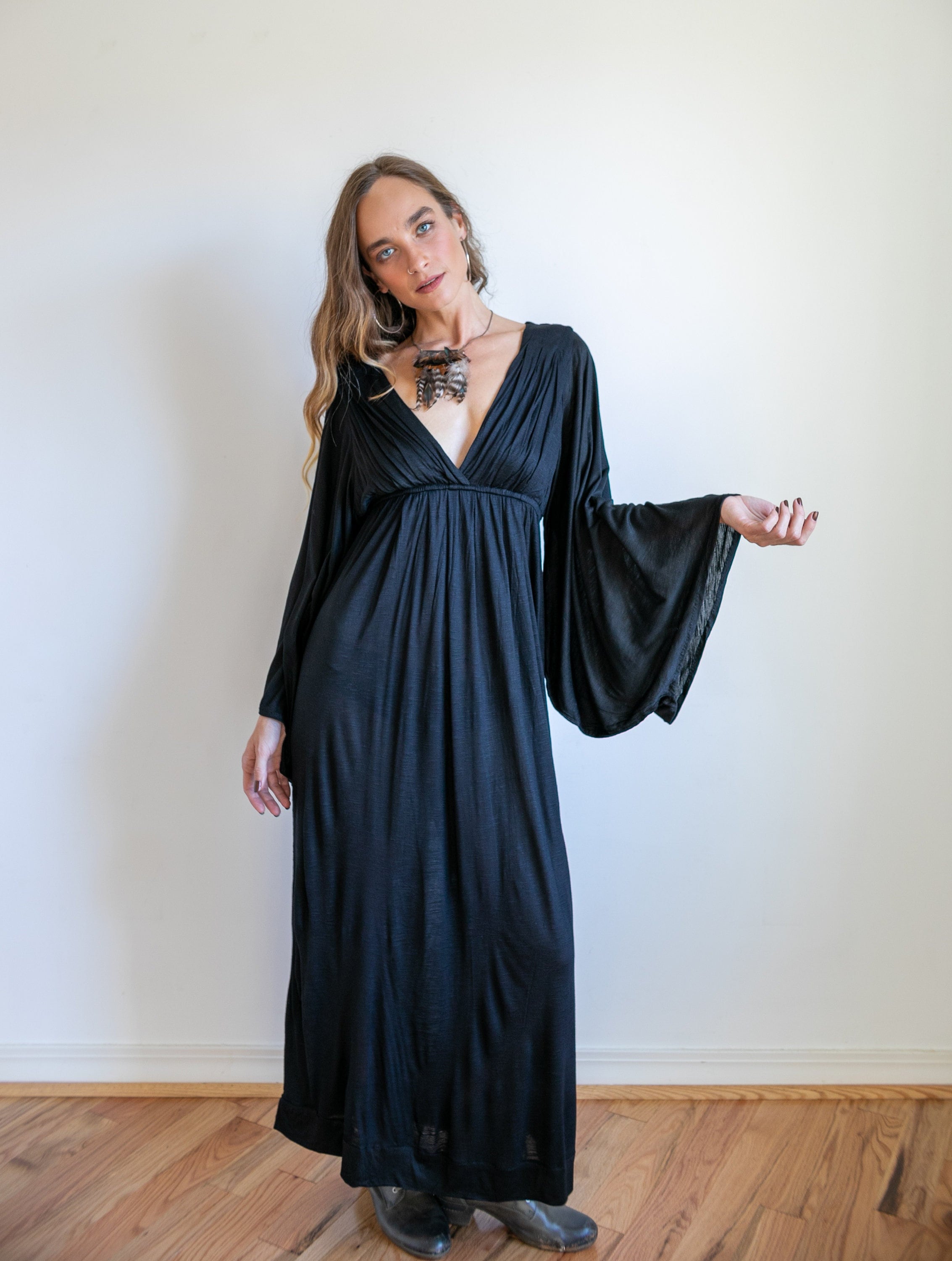 Black Bell Sleeve Maxi Dress: Boho Greek Goddess Rayon Blend