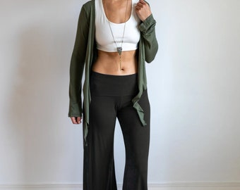 Black Palazzo Pants: High Waist Fold Over, 70s Bell Bottom Boho Style
