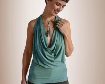 Cowl Neck Backless Halter Top in Sage Festival Resort Yoga Vacation Lightweight Summer Wear