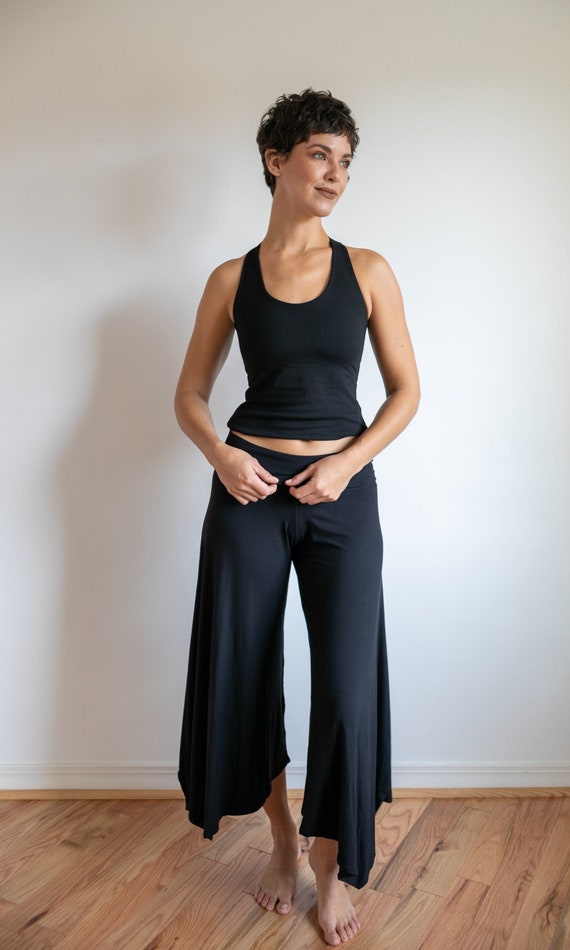 Paris Wide Leg Gaucho Pants, Flared Leg Culottes With Fold Over Waistband  in Black -  Canada