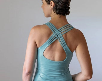 Faith Strappy Yoga Tank Top with Built in Bra in Sage Green