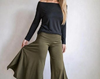 Olive Wide Leg Gaucho Pants – Fold Over Waist Boho Culottes