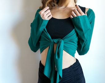 Ballet Jacket | Yoga Wrap Top | Tie in Front Mini Jacket | Women's Blouse | Cover-up Top | Shrug in Jasper Green