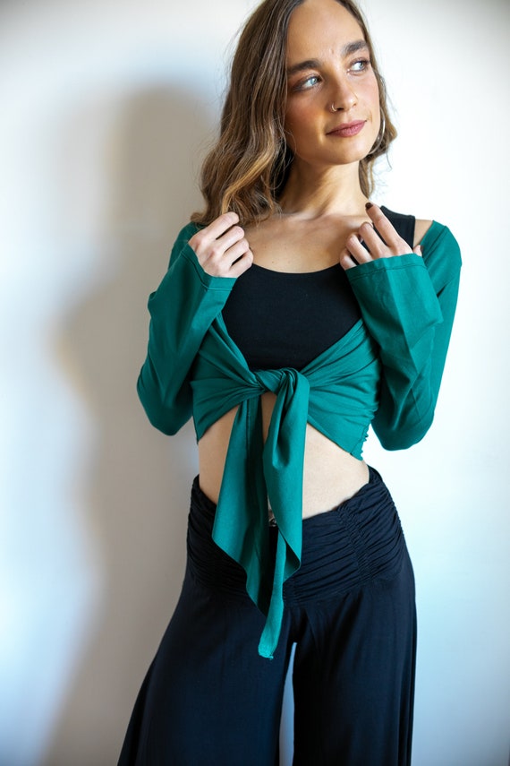 Ballet Jacket Yoga Wrap Top Tie in Front Mini Jacket Women's Blouse  Cover-up Top Shrug in Jasper Green 