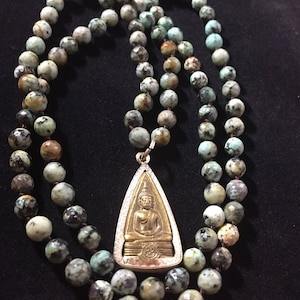 African Turquoise Buddha Pendant Prayer Bead Mala Necklace Gift for Him or Her