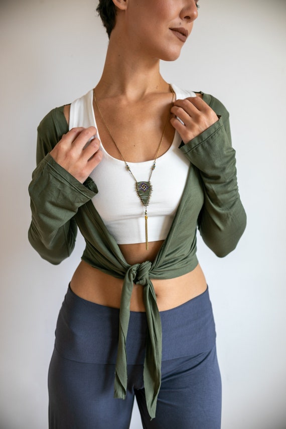 Ballet Jacket Yoga Wrap Top Tie in Front Mini Jacket Women's Blouse Cover  up Top Shrug in Olive 