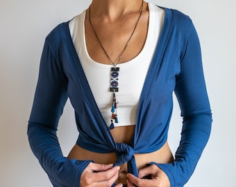 Ballet Jacket | Tie in Front Mini Jacket | Yoga Wrap Top | Women's Blouse | Cover up Top | Shrug in Indigo