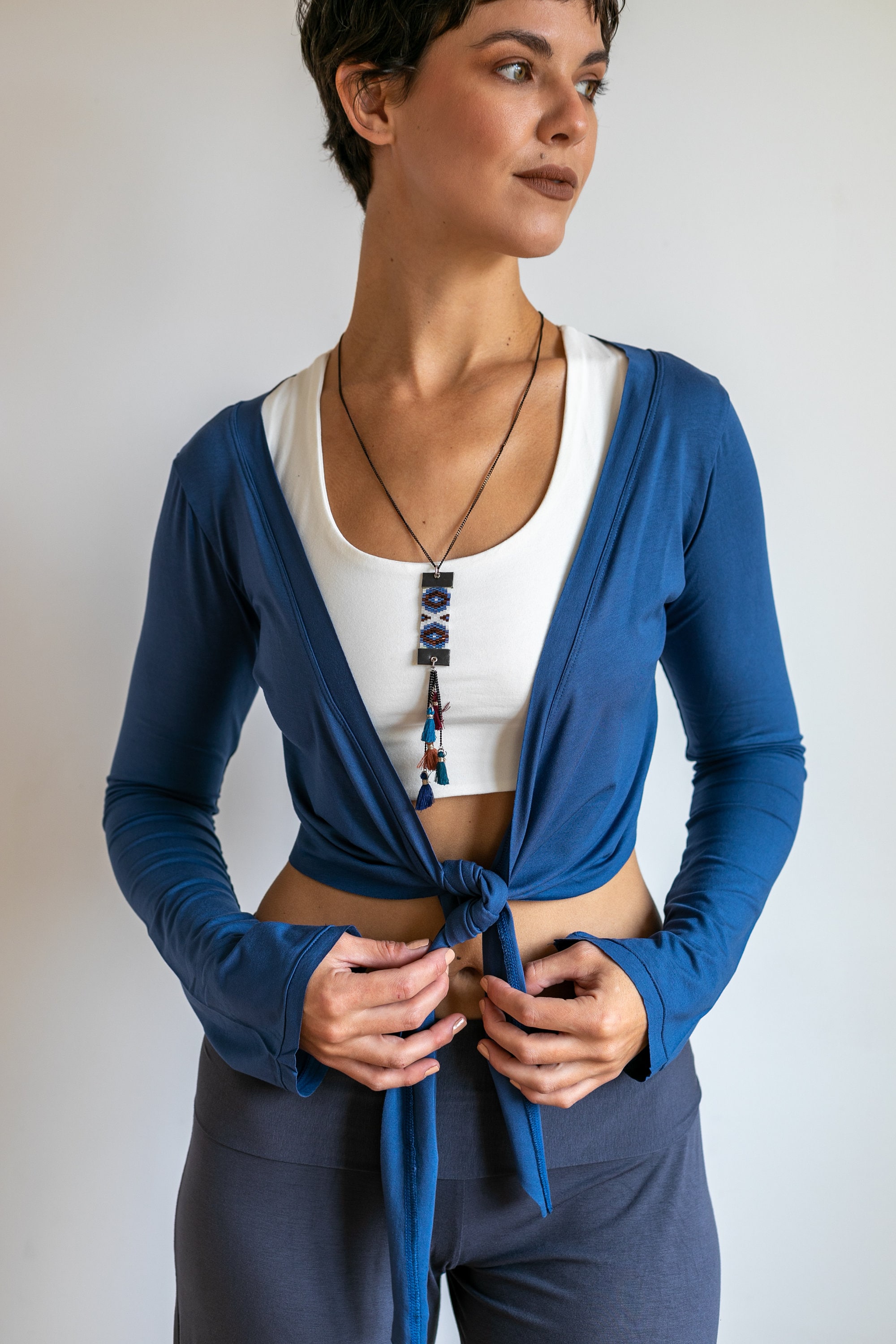 Ballet Jacket Tie in Front Mini Jacket Yoga Wrap Top Women's Blouse Cover  up Top Shrug in Indigo 