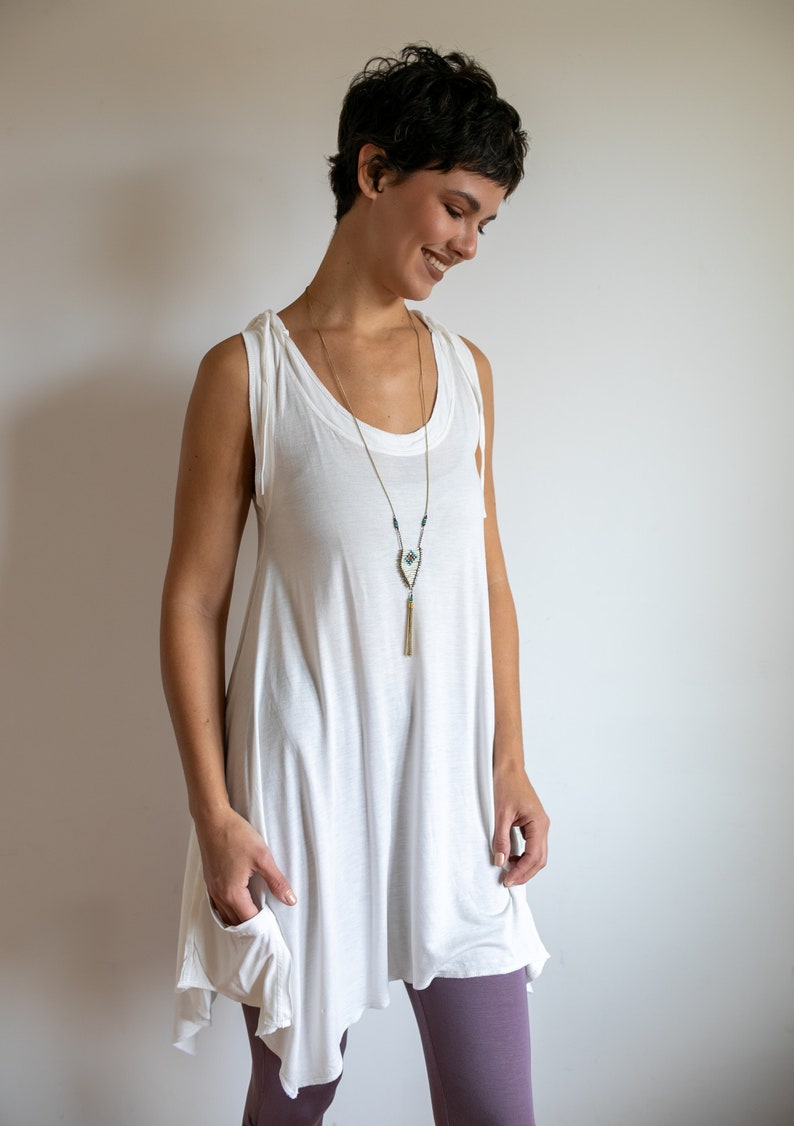 Pixie Sleeveless Hoodie Dress in White Bamboo Fabric image 2