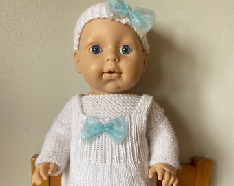 Dolls Dress Sweater Headband Dolls Outfit 18 inch Doll White Blue Bows