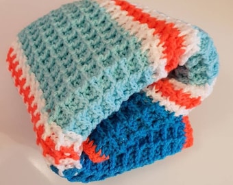 Baby Blanket Crochet Waffle Stripe Blue Orange Warm Texture