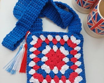 Crochet Shoulder Bag Cotton Red White Blue Bag Union Jack
