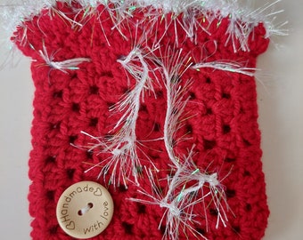 Gift Bag Christmas Crochet Pouch Crochet Red White Tinsel