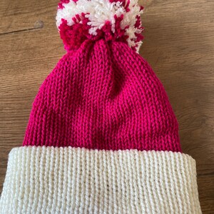 Bobble Hat 3-6yrs Knitted Cerise Pink and White