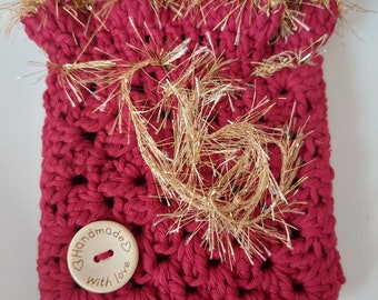 Gift Bag Christmas Crochet Pouch Crochet Dark Red Gold Tinsel