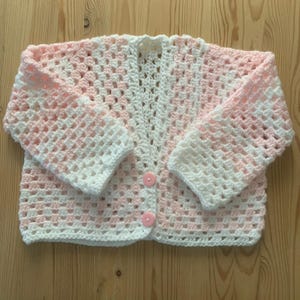 Crochet Children&#39;s Cardigan 1 - 2 yrs Granny Square Crochet Pink and White