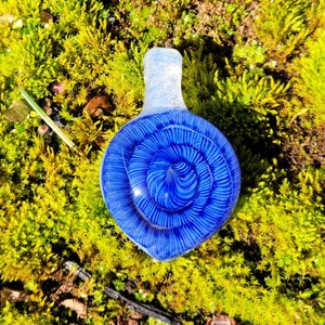 Puede incluir: Un colgante de vidrio azul con un patrón de espiral. El colgante está hecho de vidrio transparente con un diseño de espiral azul. El colgante está sentado en un lecho de musgo verde.