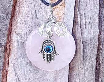 Rose Quartz Love Necklace With A Evil Eye Protection  Charm On A Free Fully Adjustable Strong Waxed Cord.