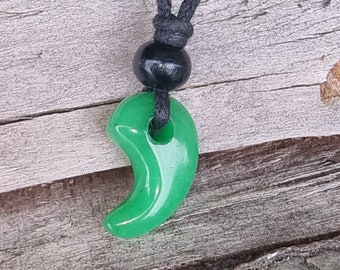Japanese Shinto Green Jade  Magatama Personal Protection Stone Necklace Pendant  On A Free Fully Adjustable Black Waxed cord.