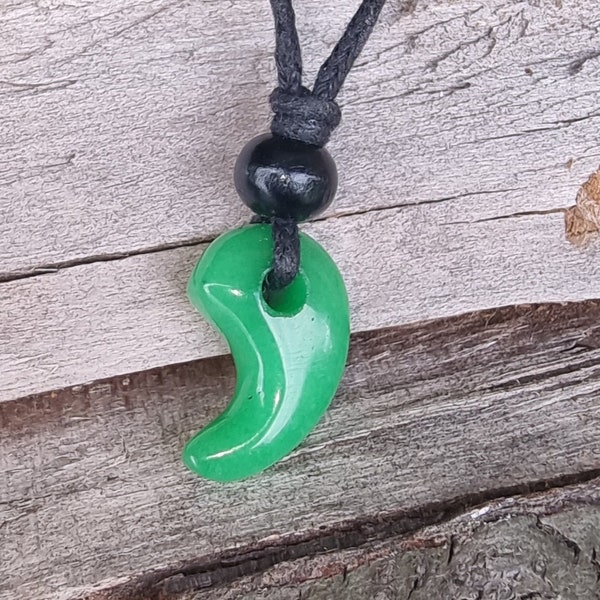 Japanese Shinto Green Jade  Magatama Personal Protection Stone Necklace Pendant  On A Free Fully Adjustable Black Waxed cord.