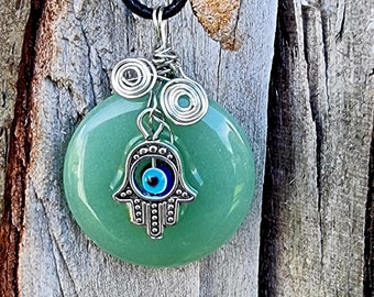 Adventuring A Stone For Prosperity  Pendant Size 30.mm With With Evil Eye Protection  Symbol On A Free Fully Adjustable Strong  Waxed Cord.