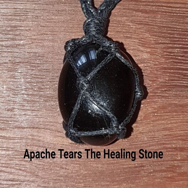 Apache Tears  Pendant Hand Wrapped  In A Waxed Cord Cage