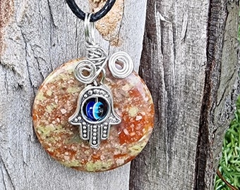 Unakite  A Stone For Healing  Emotions  Pendant Size 30.mm With Evil Eye Symbol Will Come On A Free Fully Adjustable Strong  Waxed Cord.