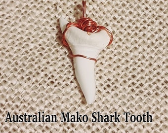 Australian Mako Shark Tooth Necklace Pendant Copper Wire  Wrapped large Size 33.mm Comes With Free 1.5 mm Fully Adjustable Waxed Cord.