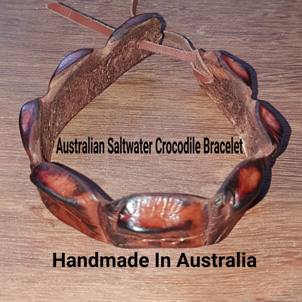 Véritable grand bracelet australien fait main en crocodile d'eau salée marron, avec étiquette d'identification de produit WW CITES incluse
