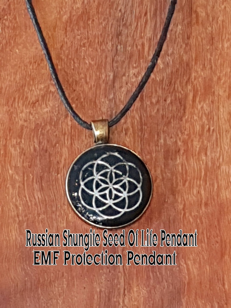 Shungite Elite EMFHealth 5G Protection Seed Of Life Pendant Hand Filled In A Antique Brass Case Comes On A Fully Adjustable Strong Cord