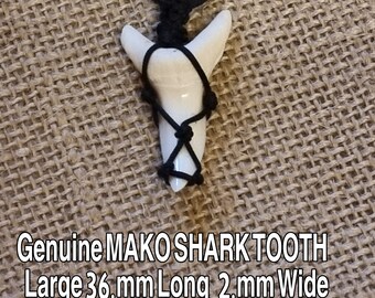 Australian Mako Shark Tooth Necklace Waxed Cord Hand Wrapped With Free 1.5 mm Fully Adjustable Waxed Necklace  Cord Tooth Size 36.mm  3.6.cm