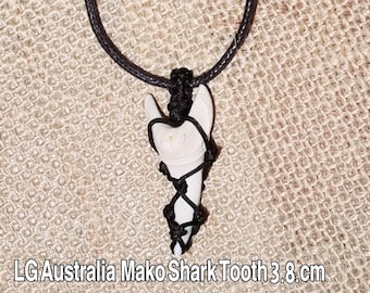 Australian Mako Shark Tooth Necklace Waxed Cord Hand Wrapped With Free 1.5 mm Fully Adjustable Waxed Necklace  Cord Tooth Size 38.mm  3.8.cm