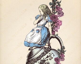 Alice in Wonderland Colour Digital Clip Art Graphics Printable - Tea Party Teapot - Transfer Images - Instant Download - Art Collage