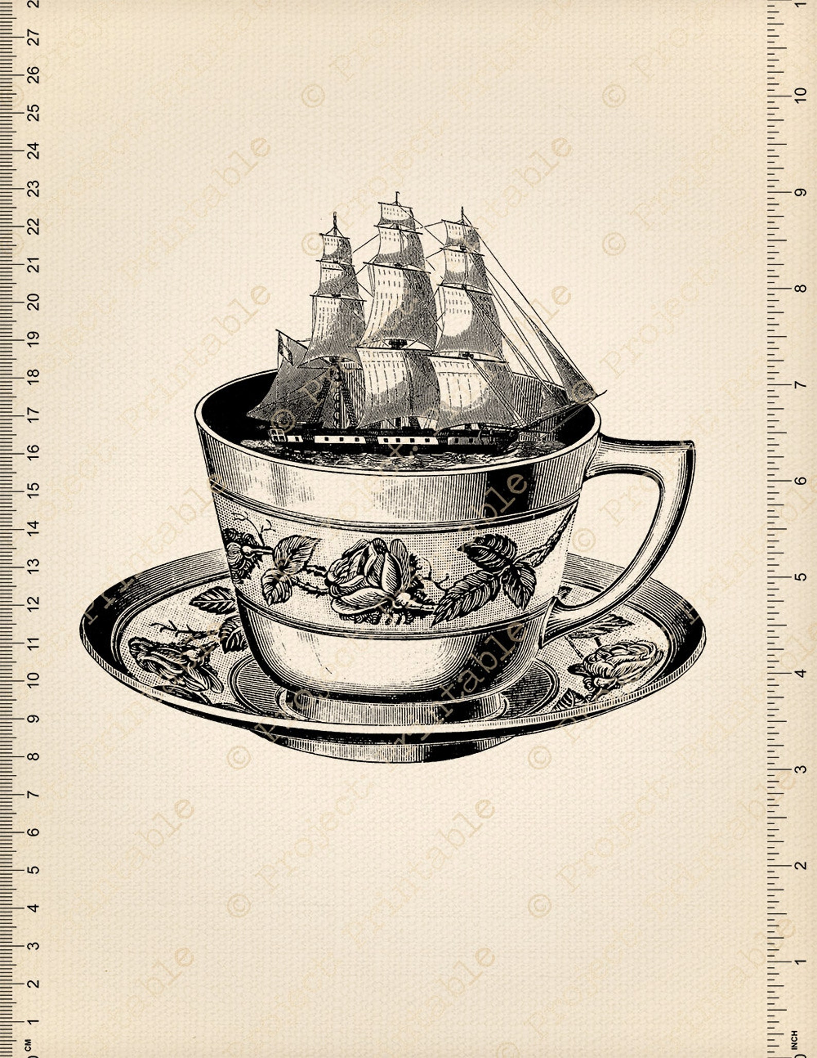 Boat SHIP in a TEA CUP Instant Download Printable Nautical Etsy