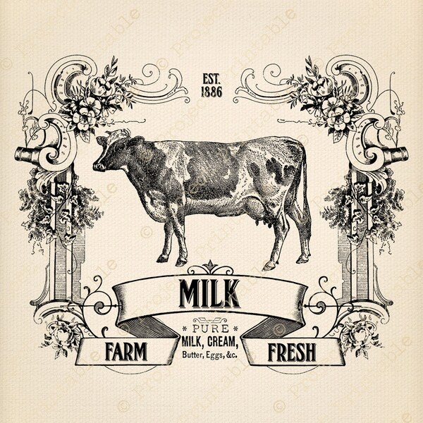 Instant Download Kitchen Printable Farm Dairy Fresh Milk Sign Cow Digital Fabric Image Transfer to print & iron on Graphics clipart clip art