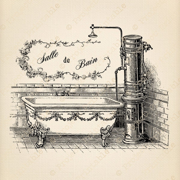 Vintage Baignoire Douche SALLE DE BAIN Tissu Transfert d’Image - Français Salle de Bain Signe Imprimer - Téléchargement instantané fer clipart imprimable sur tissu