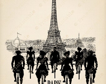 Instant download printable PARIS  - Vintage French BICYCLE Print - Eiffel Tower clipart - Fabric Image Transfer iron on Cushion Pillow tote