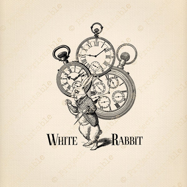 White Rabbit ALICE in WONDERLAND Printable Instant Download Clipart - watch clock time graphics - Digital Image Fabric Transfer collage