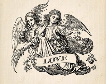 Instant download printable ANGEL LOVE digital clipart - Valentine/Christmas graphics - Vintage Art Print - fabric transfer image to iron on