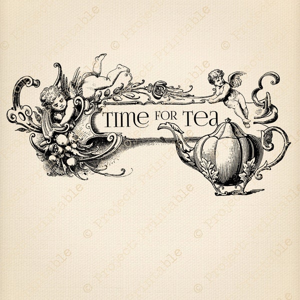 Vintage Time for Tea Teapot Angels Cherubs Printable Digital Image - Instant Download Fabric Transfer - Shabby Chic clipart